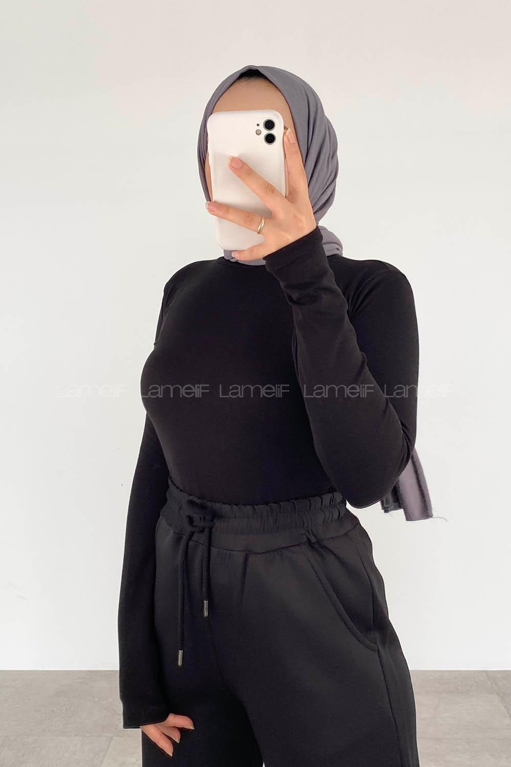 Lamelif Balıkçı Yaka Fitilli Body Siyah