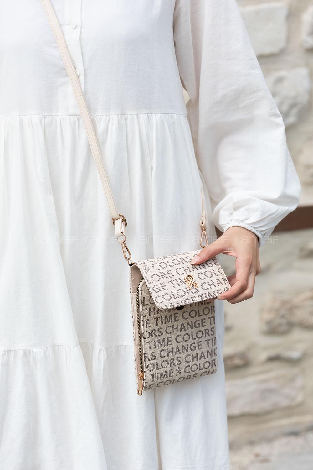 Lamelif Deri Askılı Messenger Model Çanta Krem