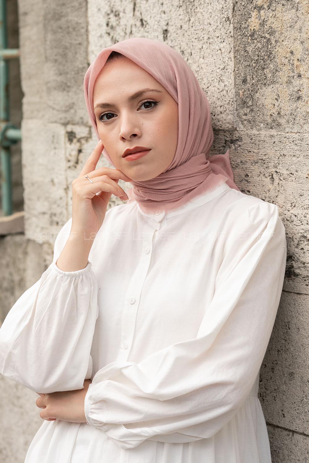 Lamelif Düz Flamlı Eşarp Soft Pudra