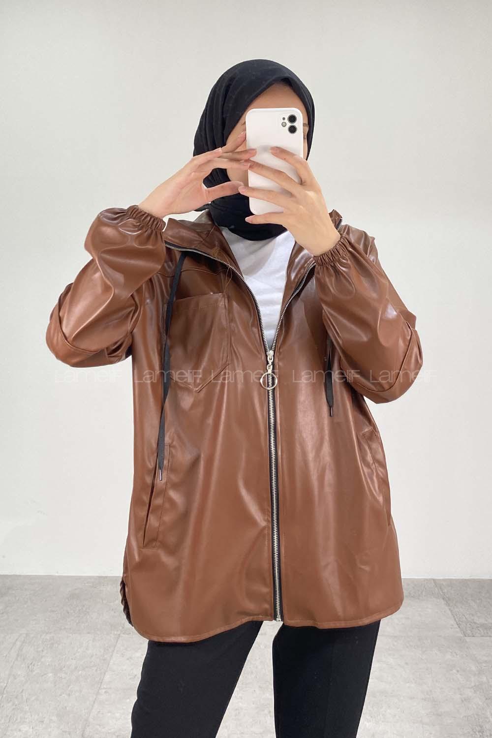 Modalamelif Kapüşonlu Yırtmaç Detaylı Deri Ceket Taba