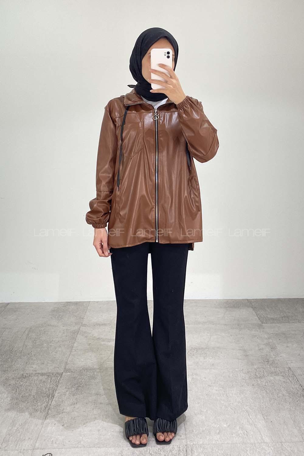 Modalamelif Kapüşonlu Yırtmaç Detaylı Deri Ceket Taba