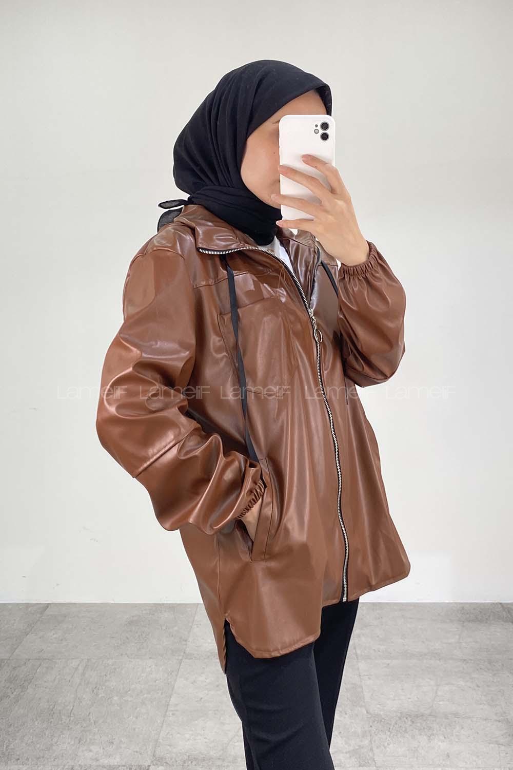 Modalamelif Kapüşonlu Yırtmaç Detaylı Deri Ceket Taba