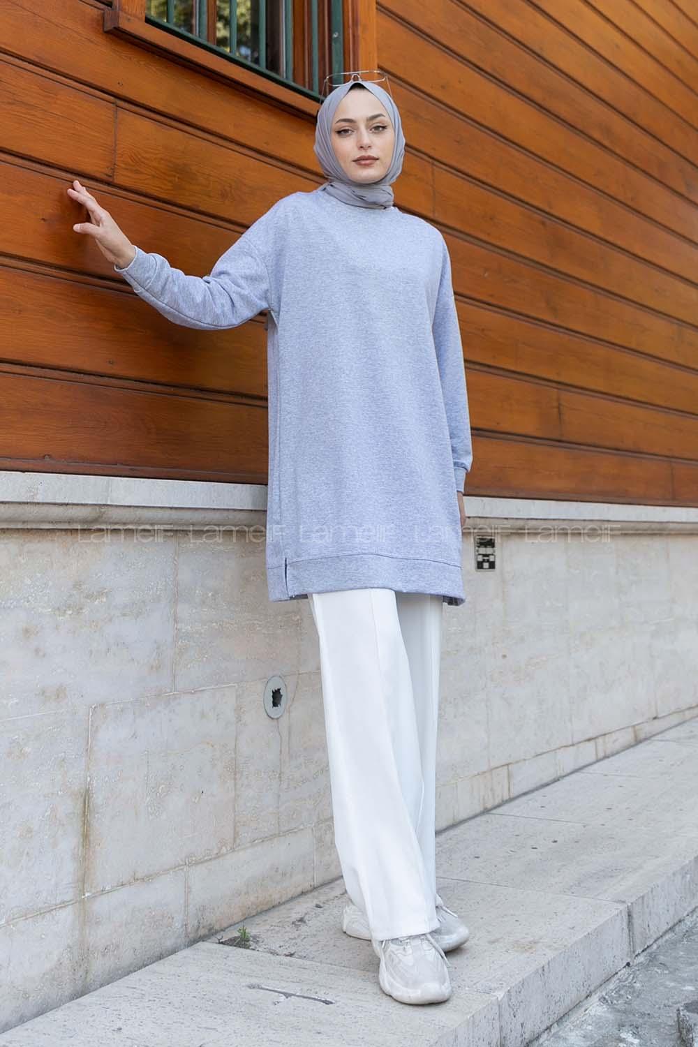 Lamelif Bisiklet Yaka Arma Detaylı Tunik Gri