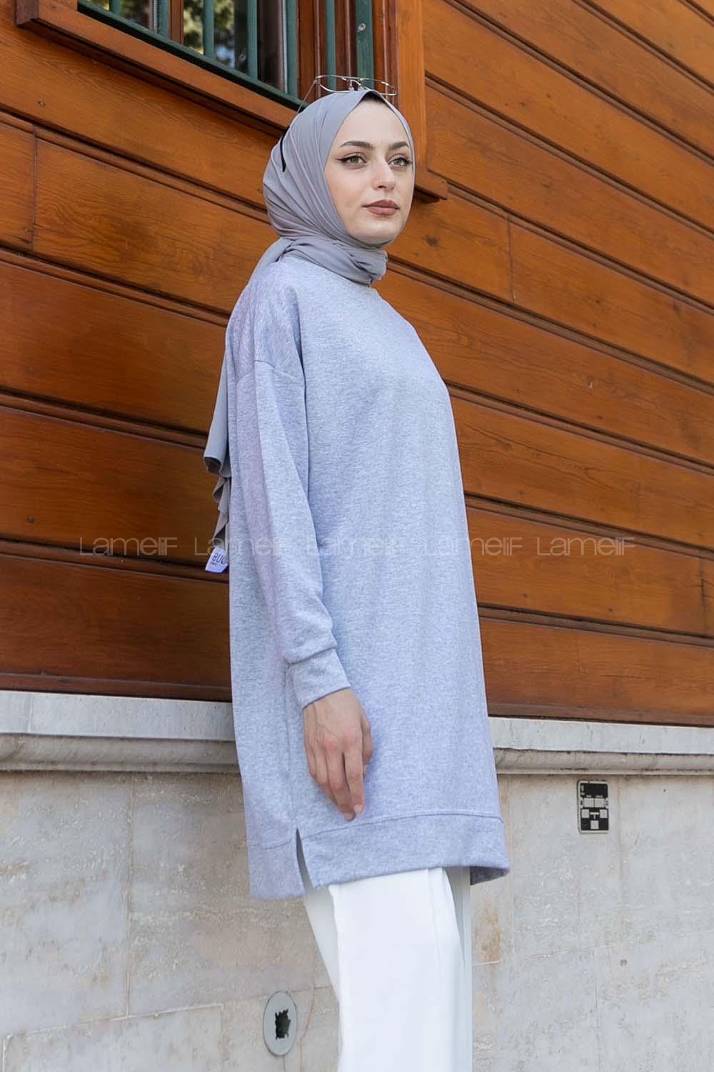 Lamelif Bisiklet Yaka Arma Detaylı Tunik Gri