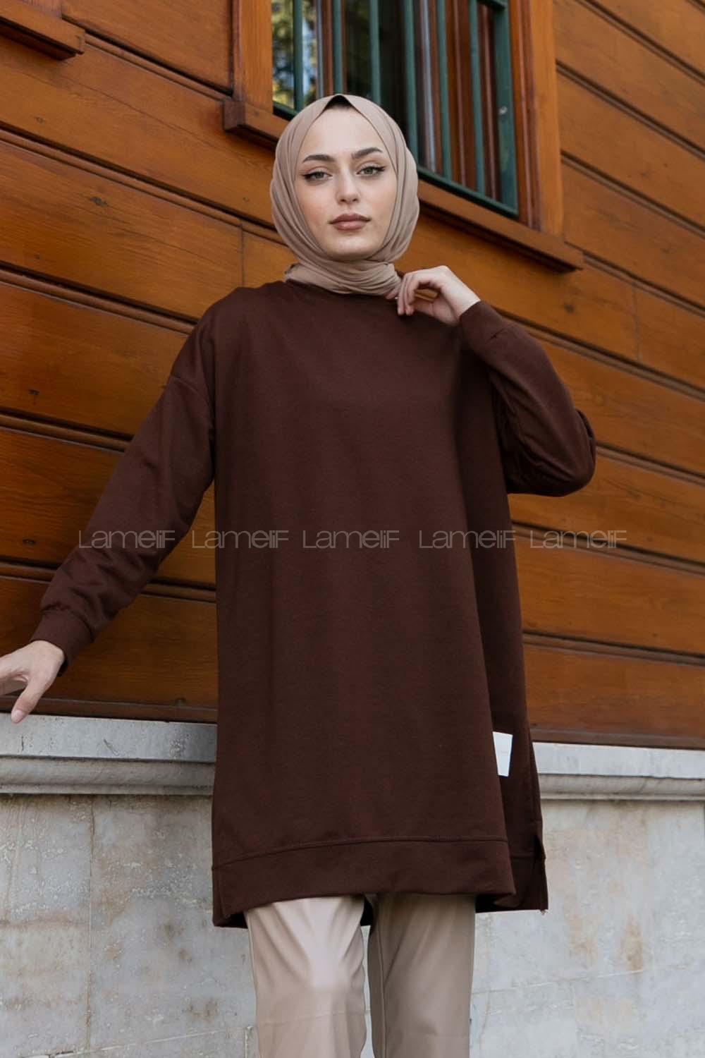 Lamelif Bisiklet Yaka Arma Detaylı Tunik Kahverengi