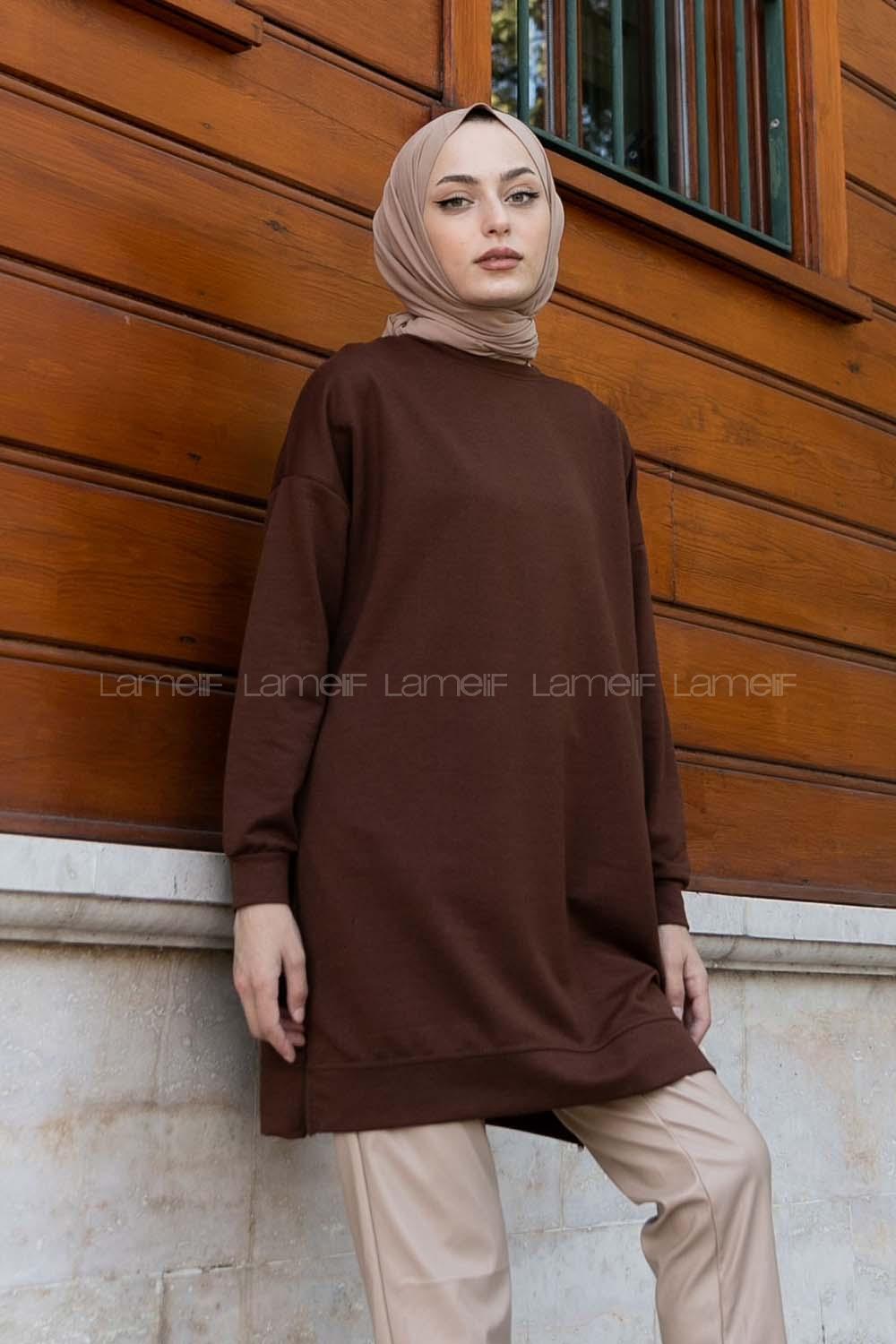 Lamelif Bisiklet Yaka Arma Detaylı Tunik Kahverengi