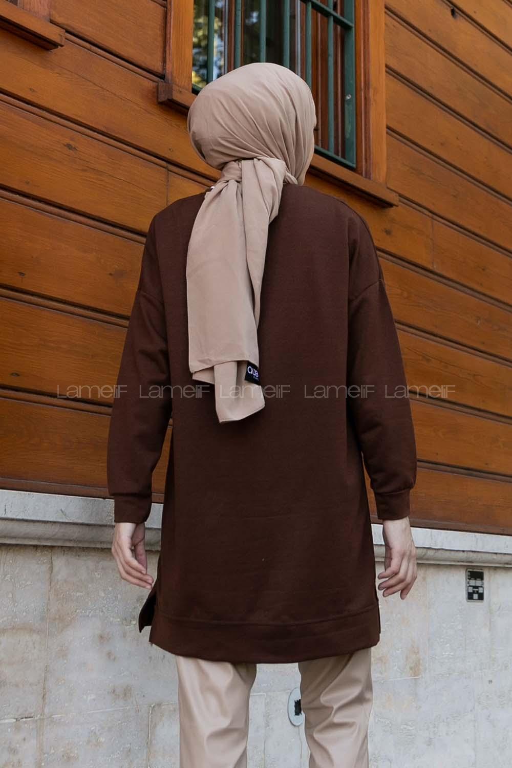 Lamelif Bisiklet Yaka Arma Detaylı Tunik Kahverengi