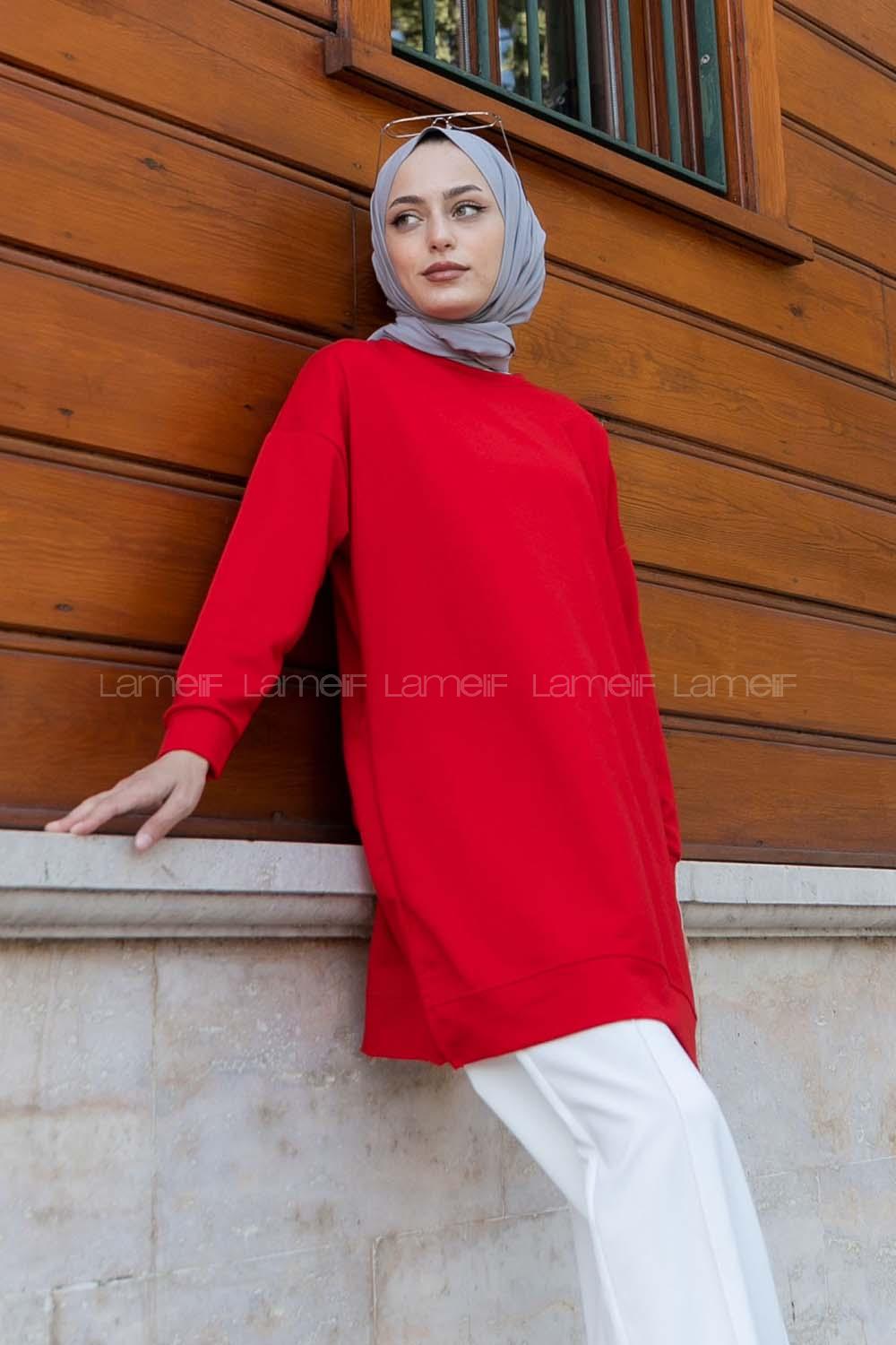 Lamelif Bisiklet Yaka Arma Detaylı Tunik Kırmızı