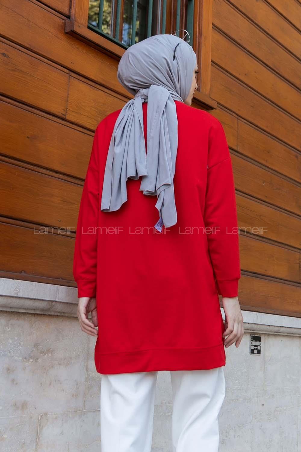 Lamelif Bisiklet Yaka Arma Detaylı Tunik Kırmızı