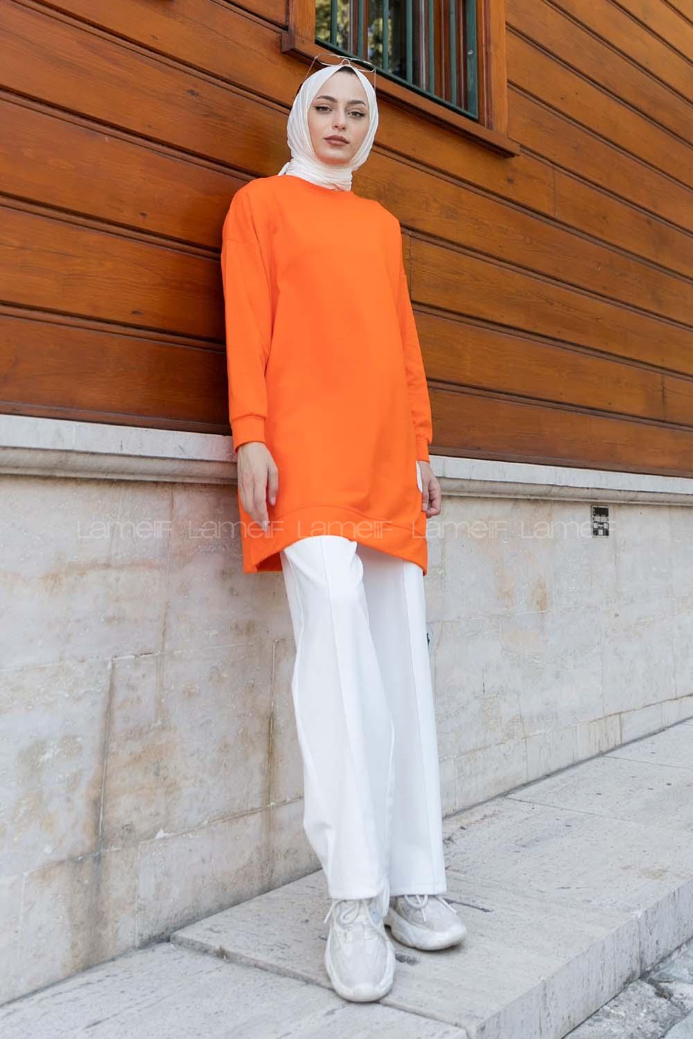 Lamelif Bisiklet Yaka Arma Detaylı Tunik Oranj