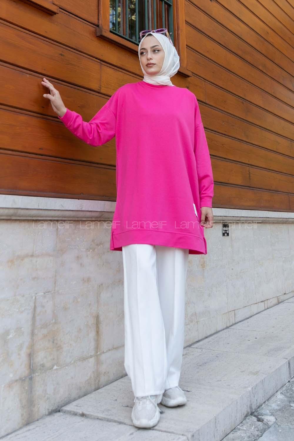 Lamelif Bisiklet Yaka Arma Detaylı Tunik Pembe