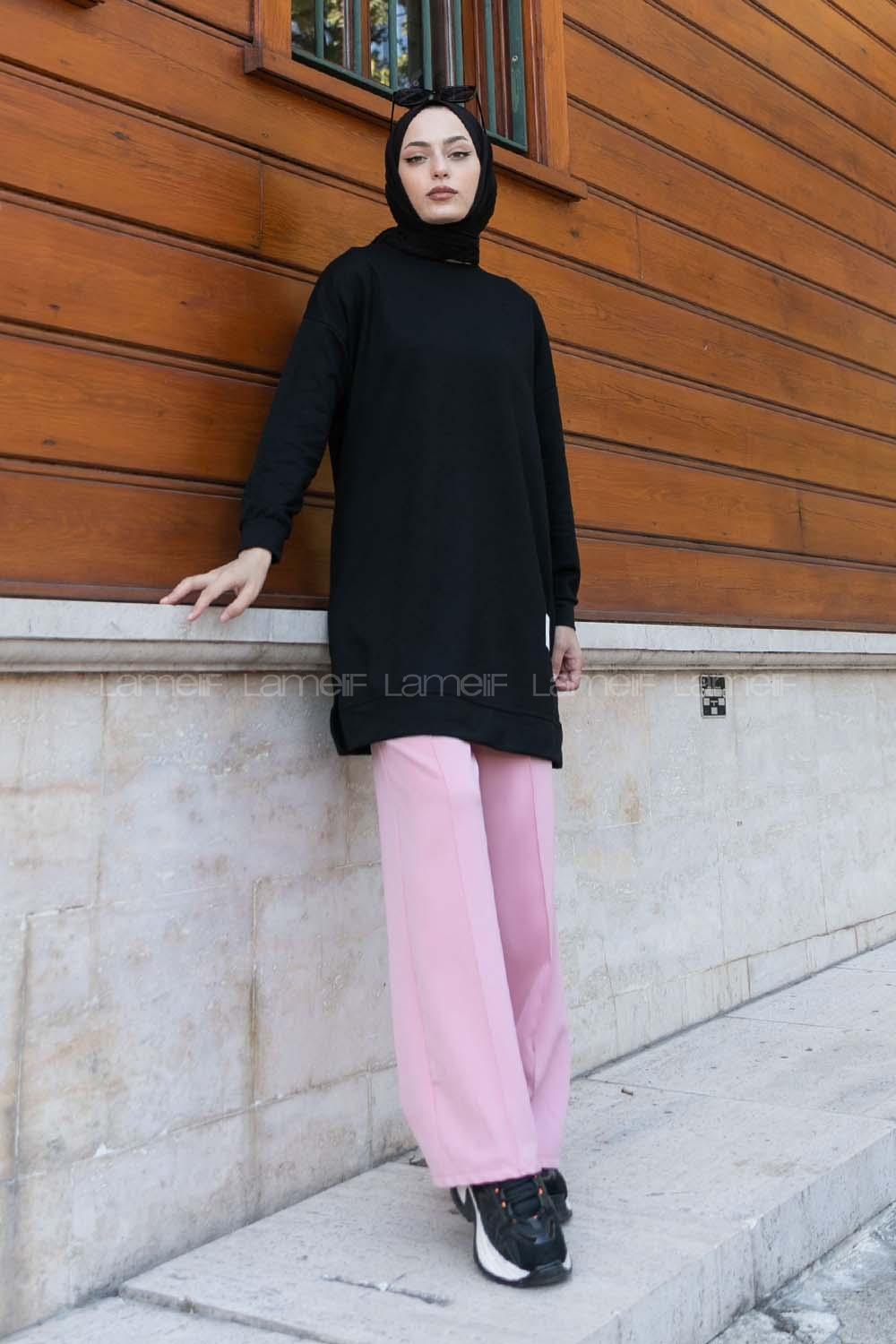 Lamelif Bisiklet Yaka Arma Detaylı Tunik Siyah