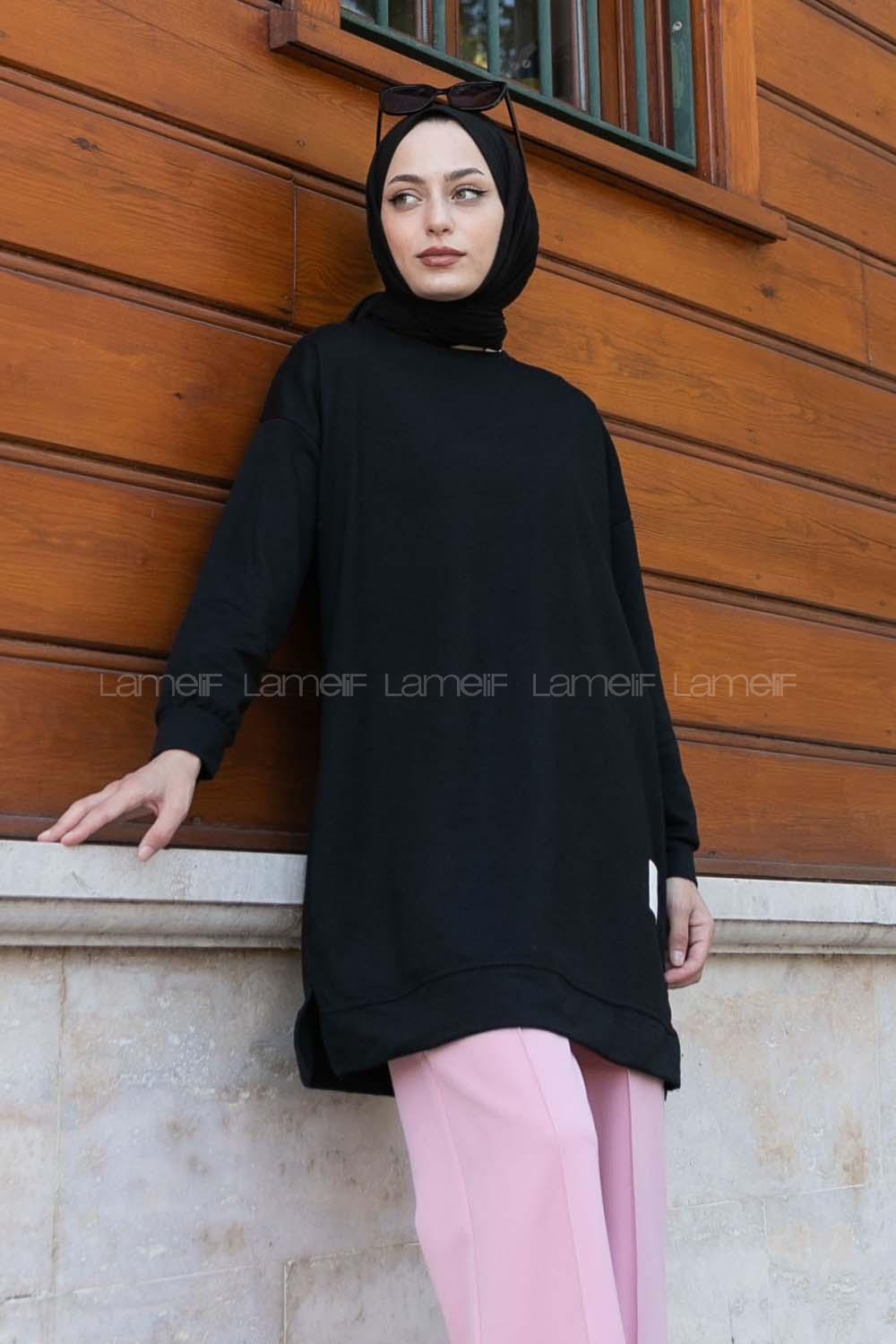 Lamelif Bisiklet Yaka Arma Detaylı Tunik Siyah