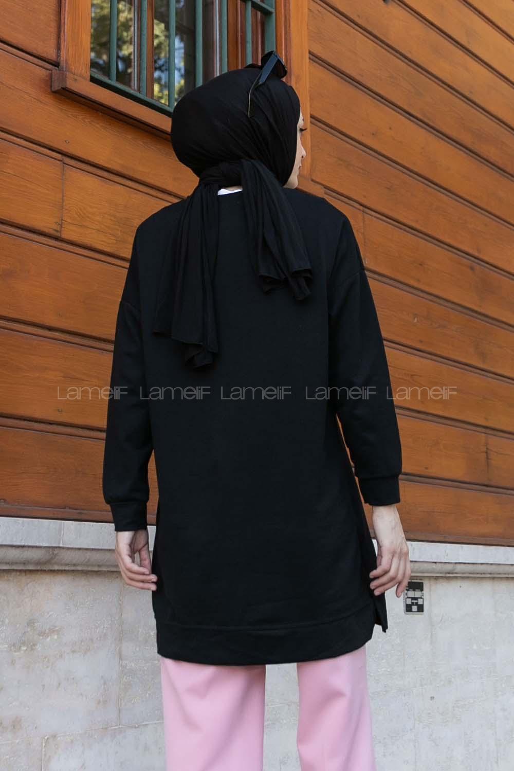 Lamelif Bisiklet Yaka Arma Detaylı Tunik Siyah