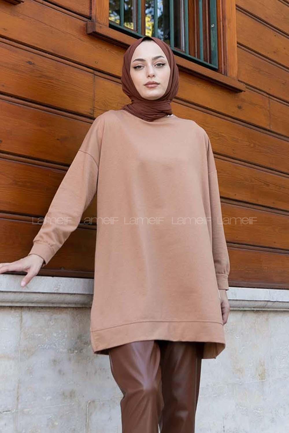 Lamelif Bisiklet Yaka Arma Detaylı Tunik Sütlü Kahve