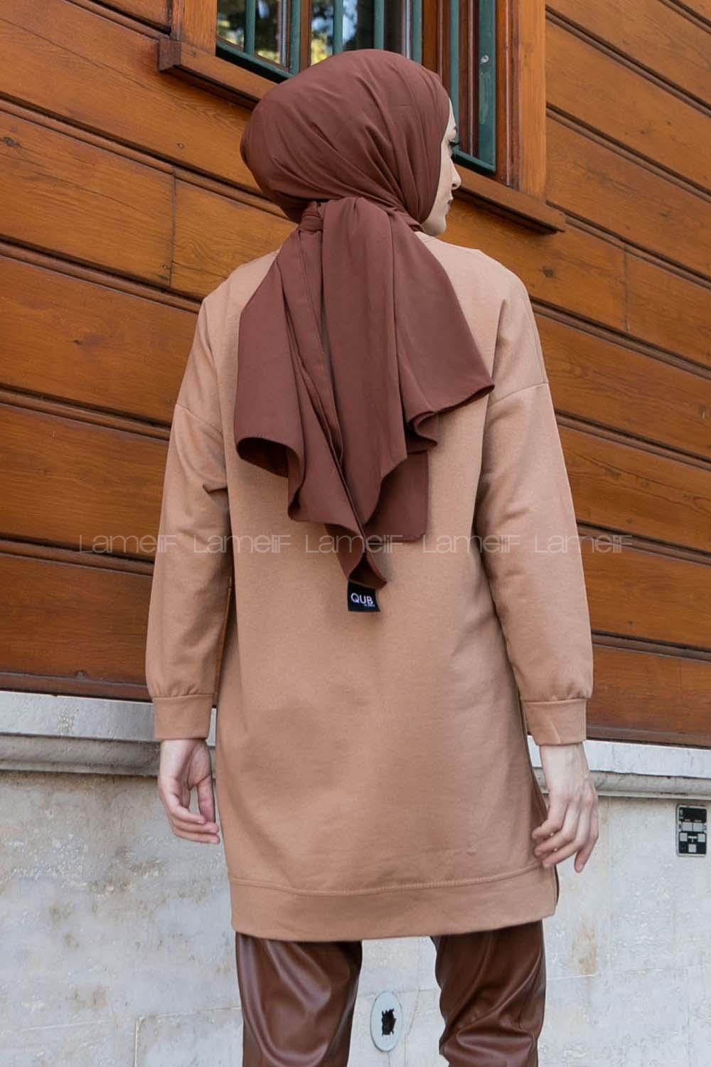 Lamelif Bisiklet Yaka Arma Detaylı Tunik Sütlü Kahve