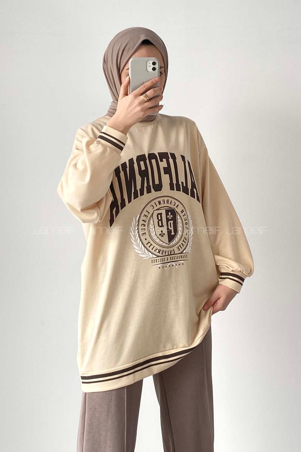 Beige Hood Neck Long Arm Unprinted Sweatshirt