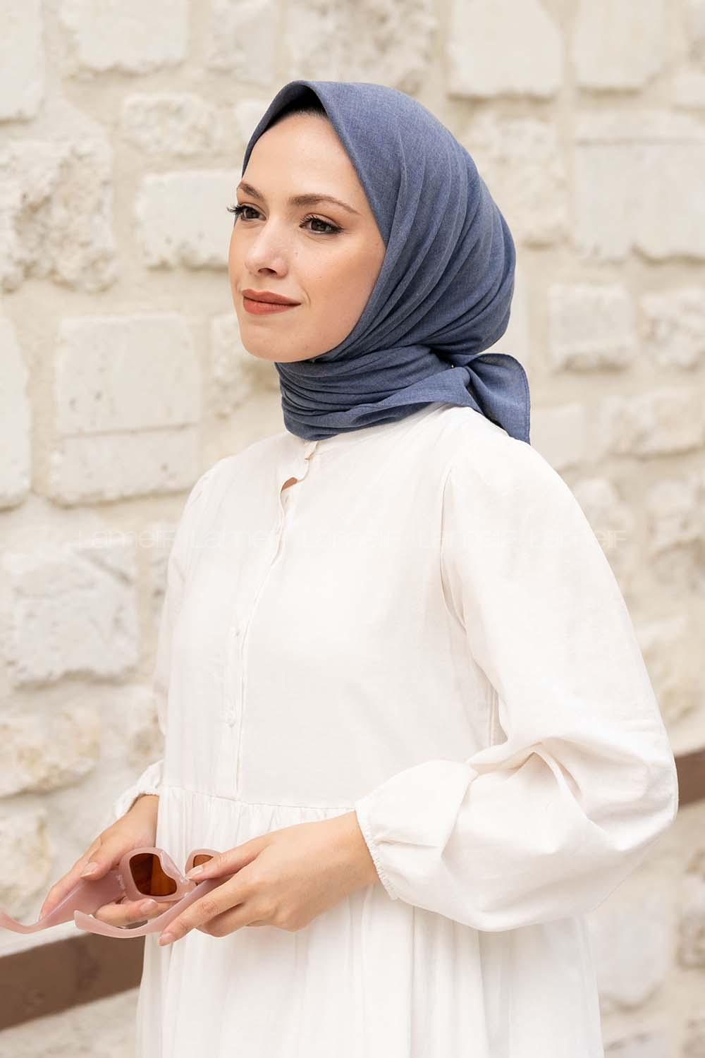 Lamelif Keten Eşarp Kot Mavi