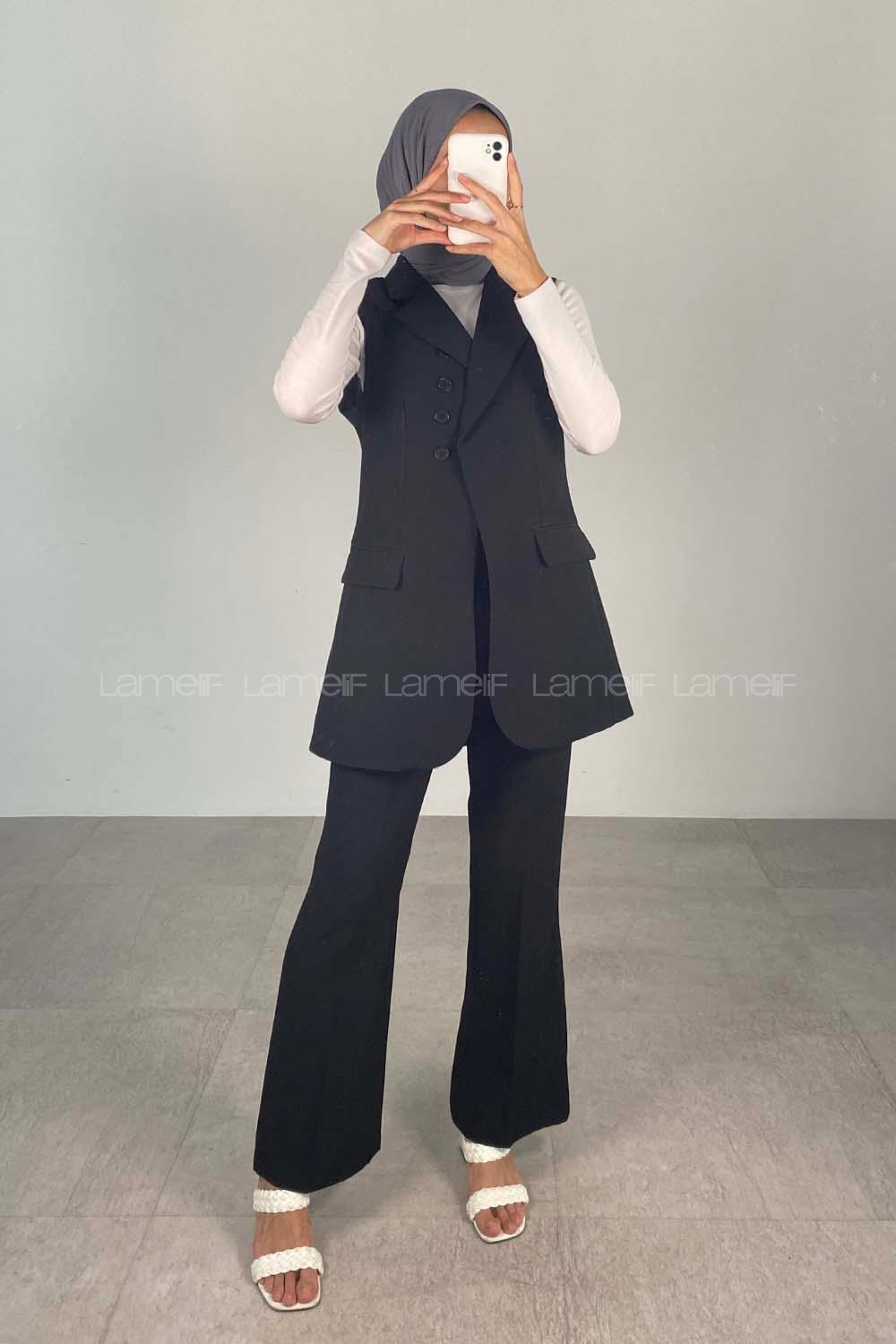 Modalamelif Kapak Cep Detaylı Pensli Yelek Takım Siyah