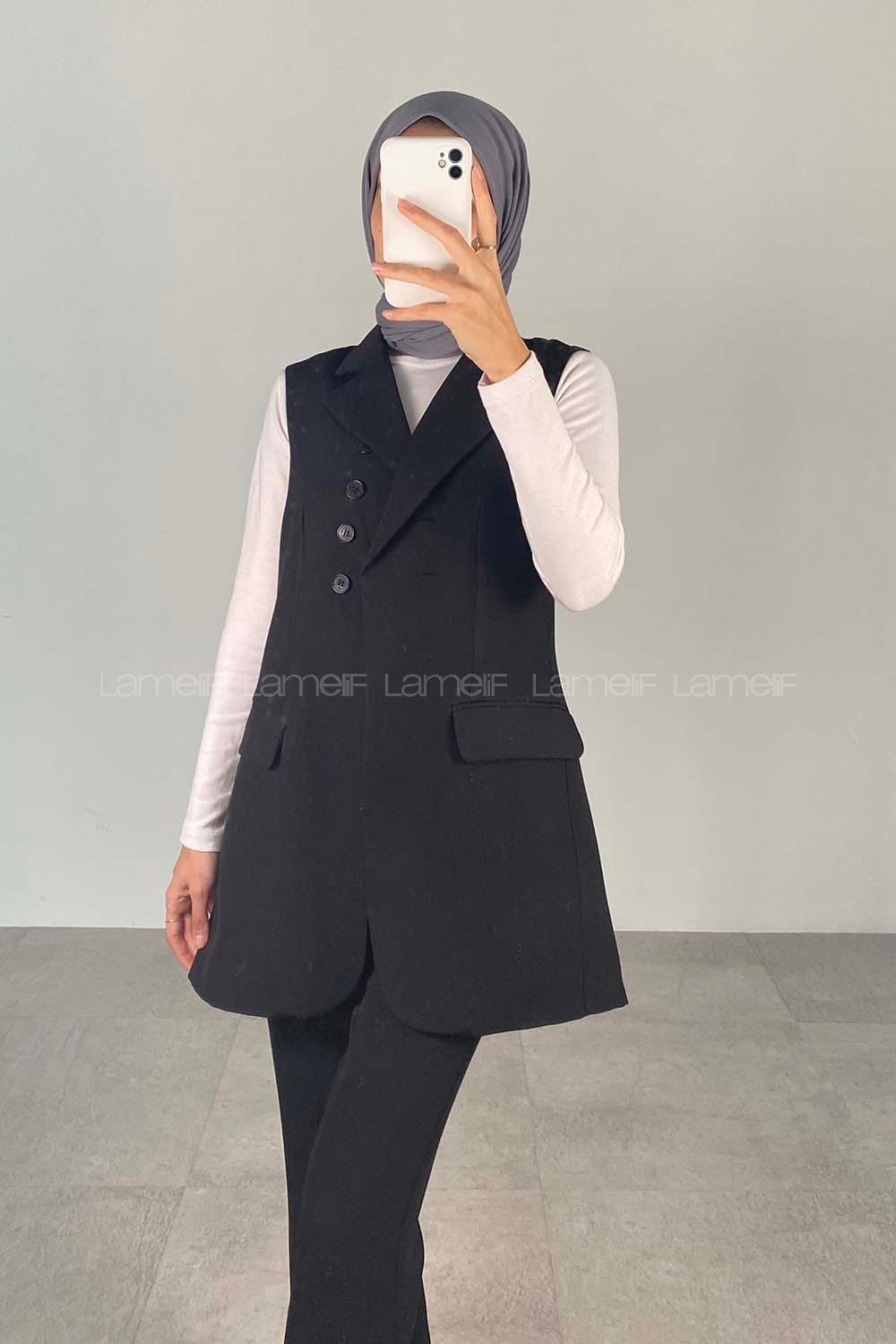 Modalamelif Kapak Cep Detaylı Pensli Yelek Takım Siyah