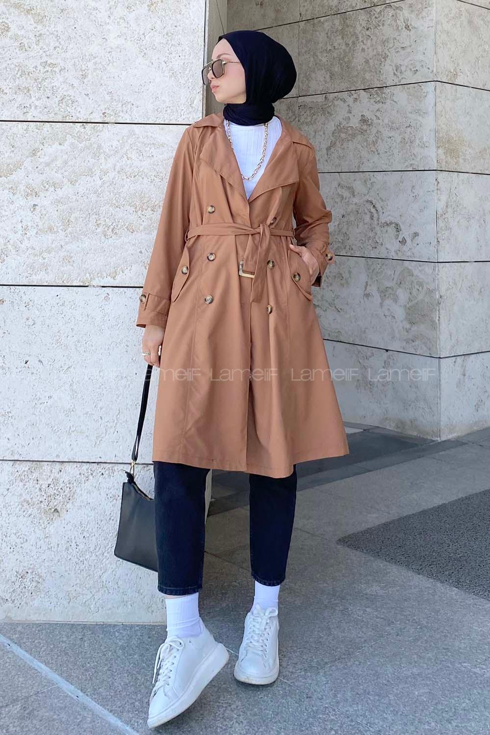 Tan Long Arm Belted Cotton Trench Coat