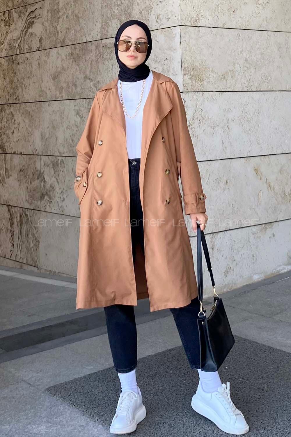 Tan Long Arm Belted Cotton Trench Coat