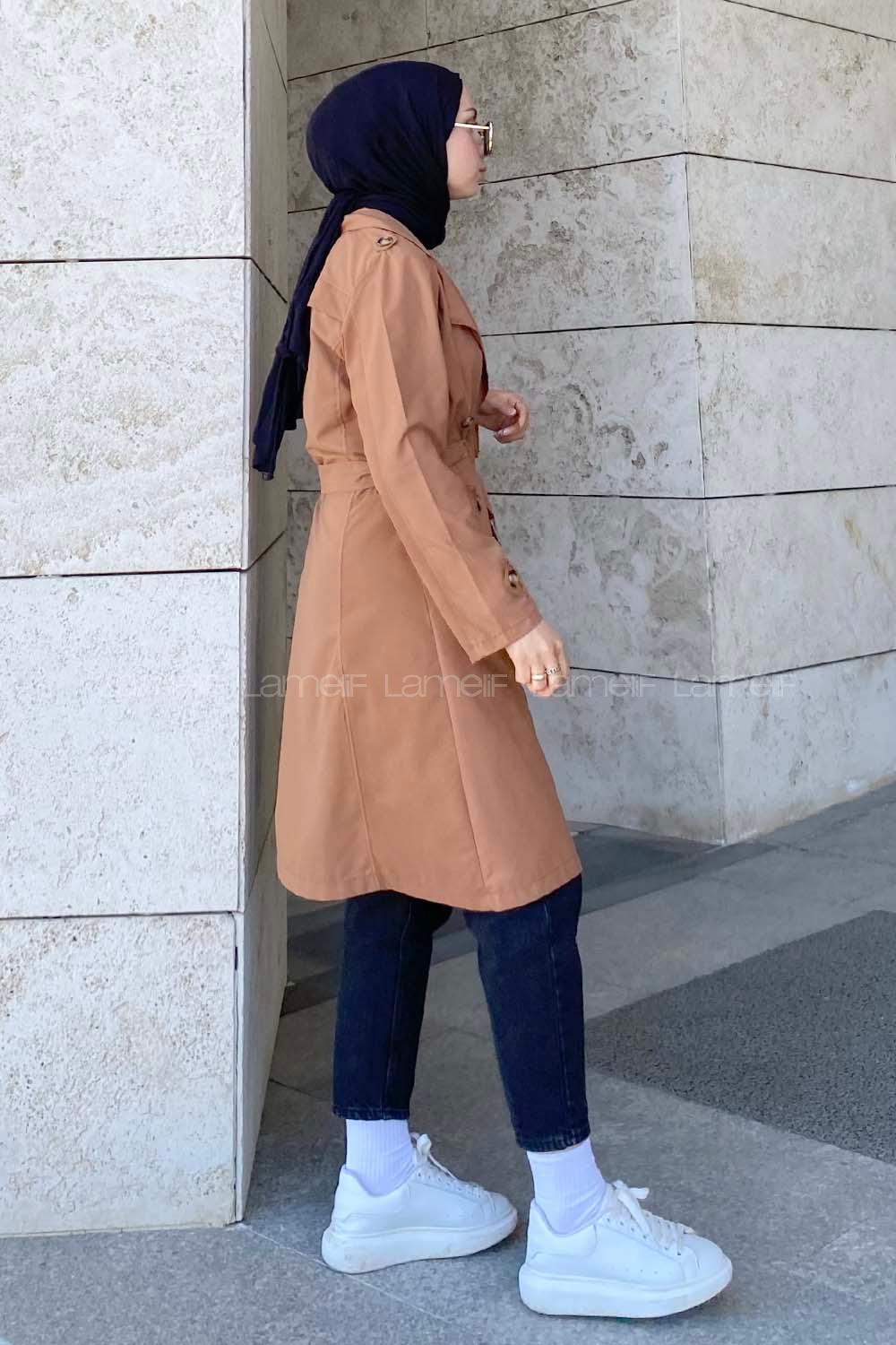 Tan Long Arm Belted Cotton Trench Coat