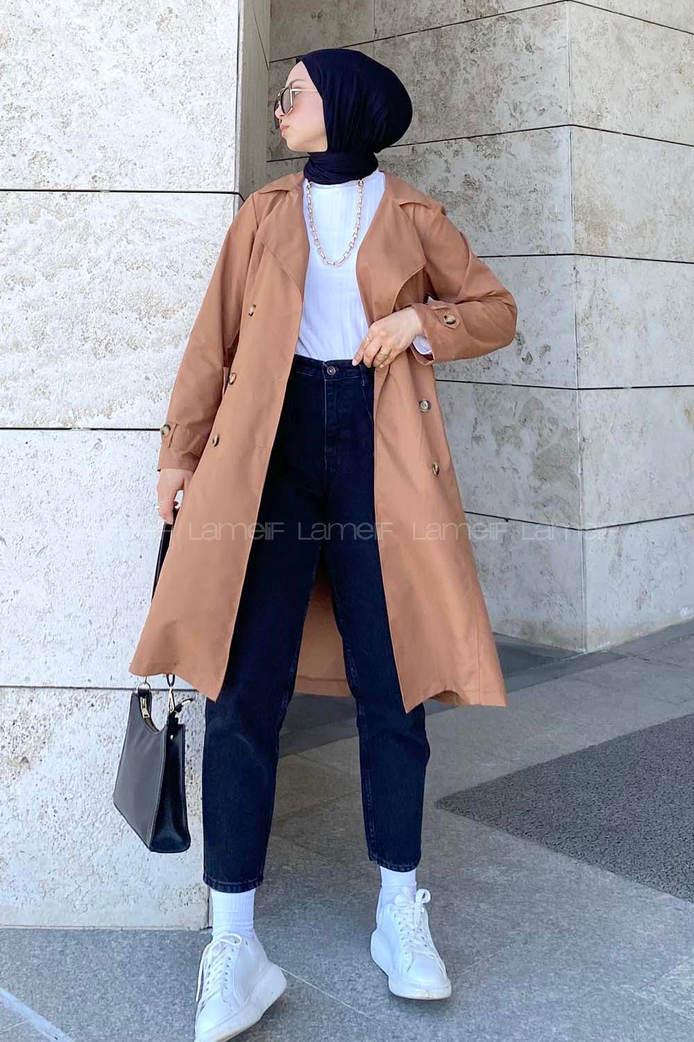 Tan Long Arm Belted Cotton Trench Coat