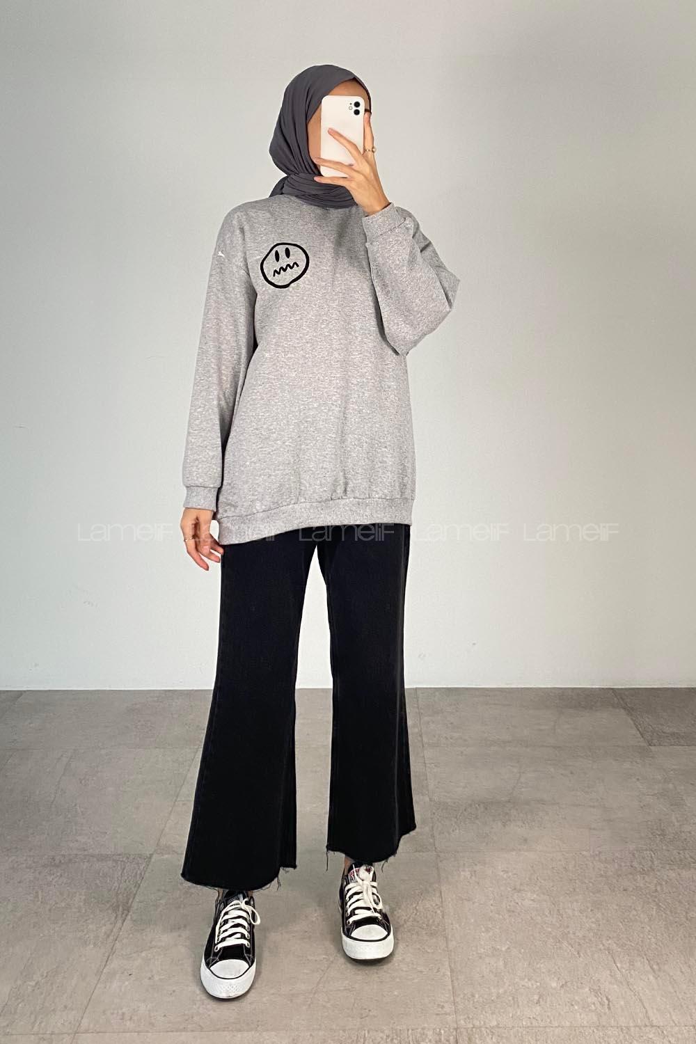 Modalamelif Emoji Baskılı Kaşkorse Sweat Gri