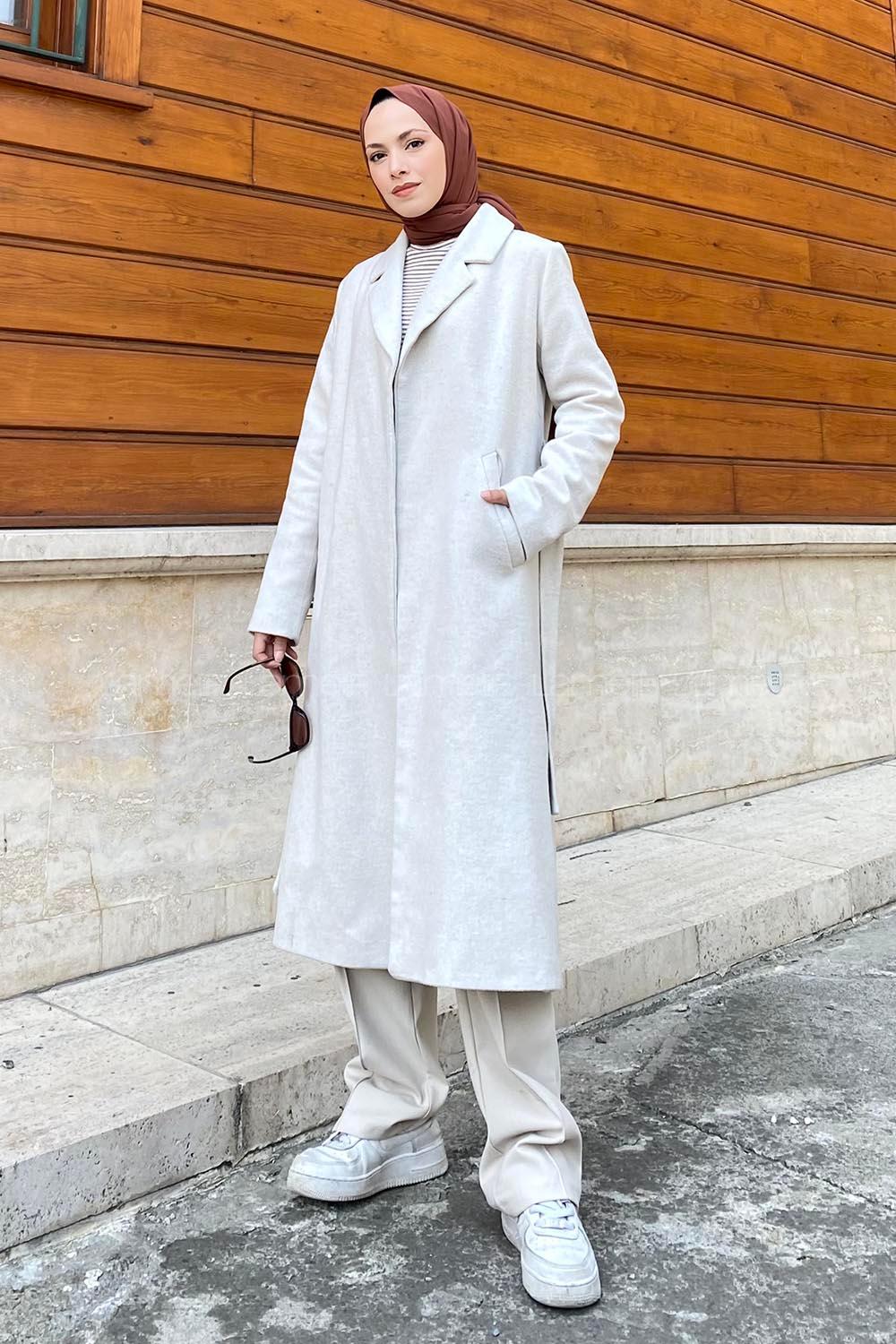 Ecru Balloon Sleeve Arm Buckle Linen Trench Coat
