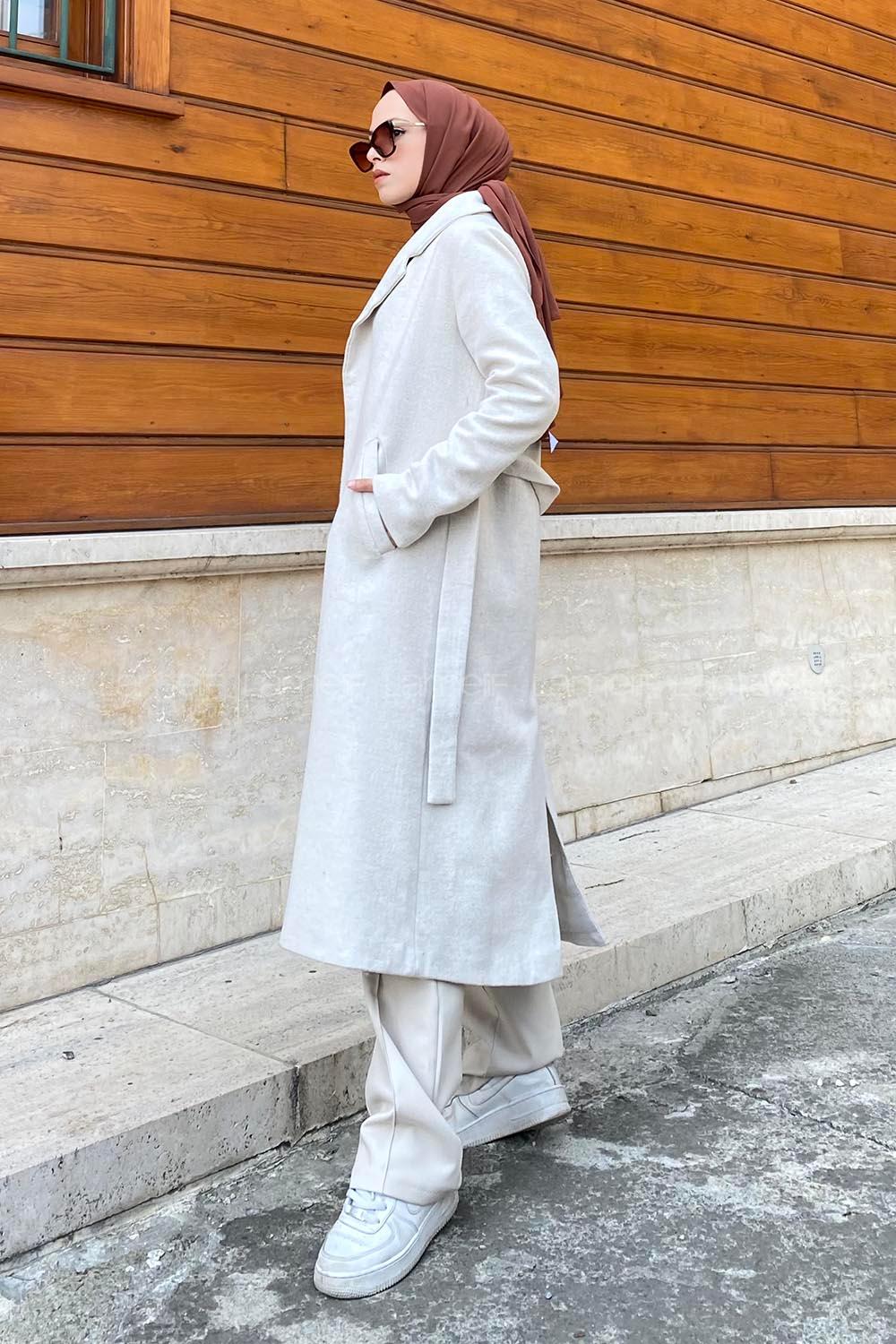 Ecru Balloon Sleeve Arm Buckle Linen Trench Coat