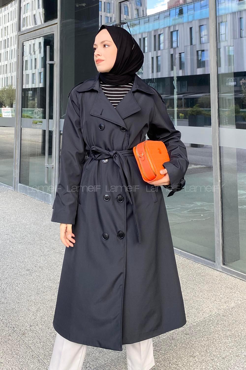 Lamelif Reglan Kol Düğmeli Trenç Siyah