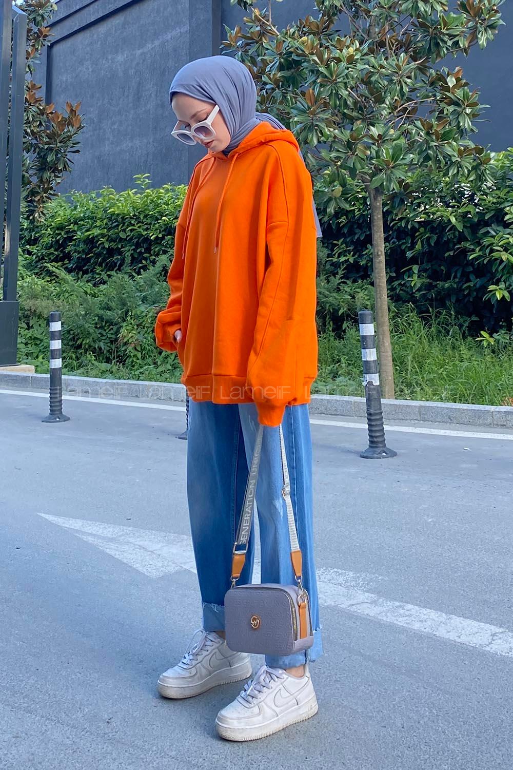 Orange Hood Neck Long Arm Unprinted Sweatshirt