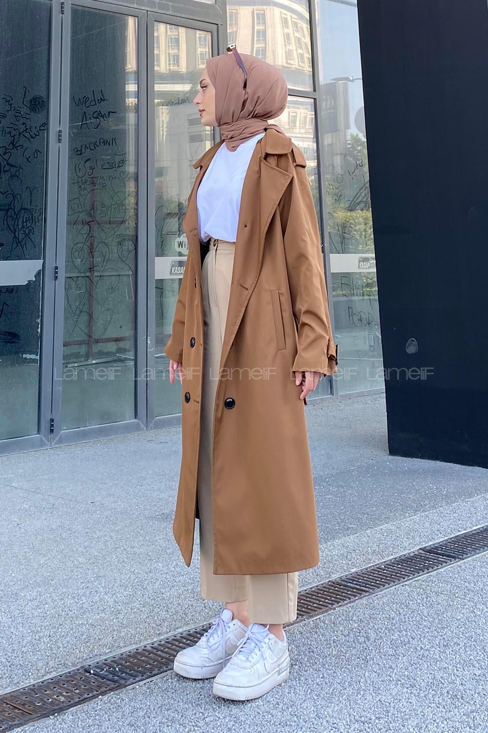 Camel Reglan Sleeveless Arm Without Accessories Poplin Fabric Trench Coat