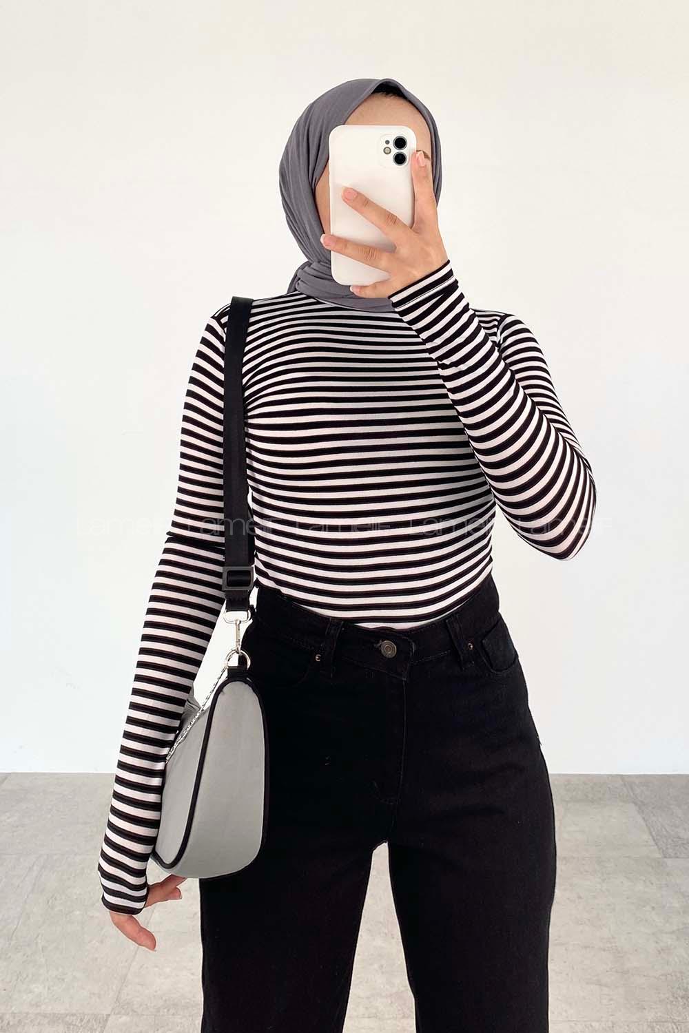 Lamelif Yarım Balıkçı Yaka Çizgili Body Siyah-Beyaz