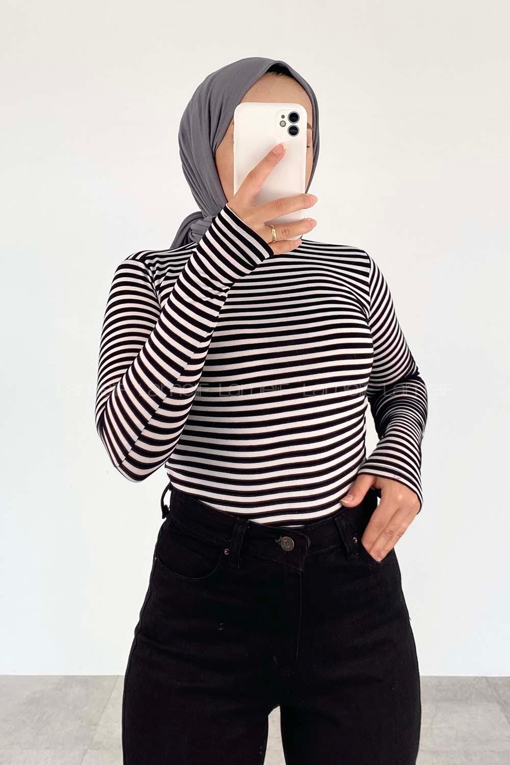 Lamelif Yarım Balıkçı Yaka Çizgili Body Siyah-Beyaz