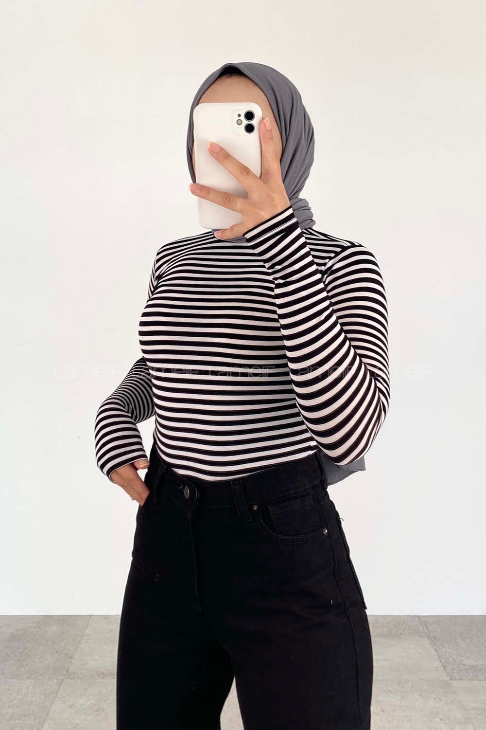 Lamelif Yarım Balıkçı Yaka Çizgili Body Siyah-Beyaz