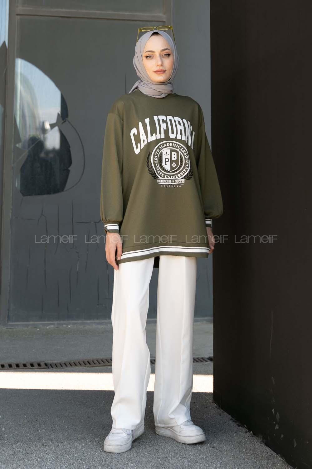 Modalamelif Calıfornia Yazı Baskılı Şerit Desenli Sweat Yeşil