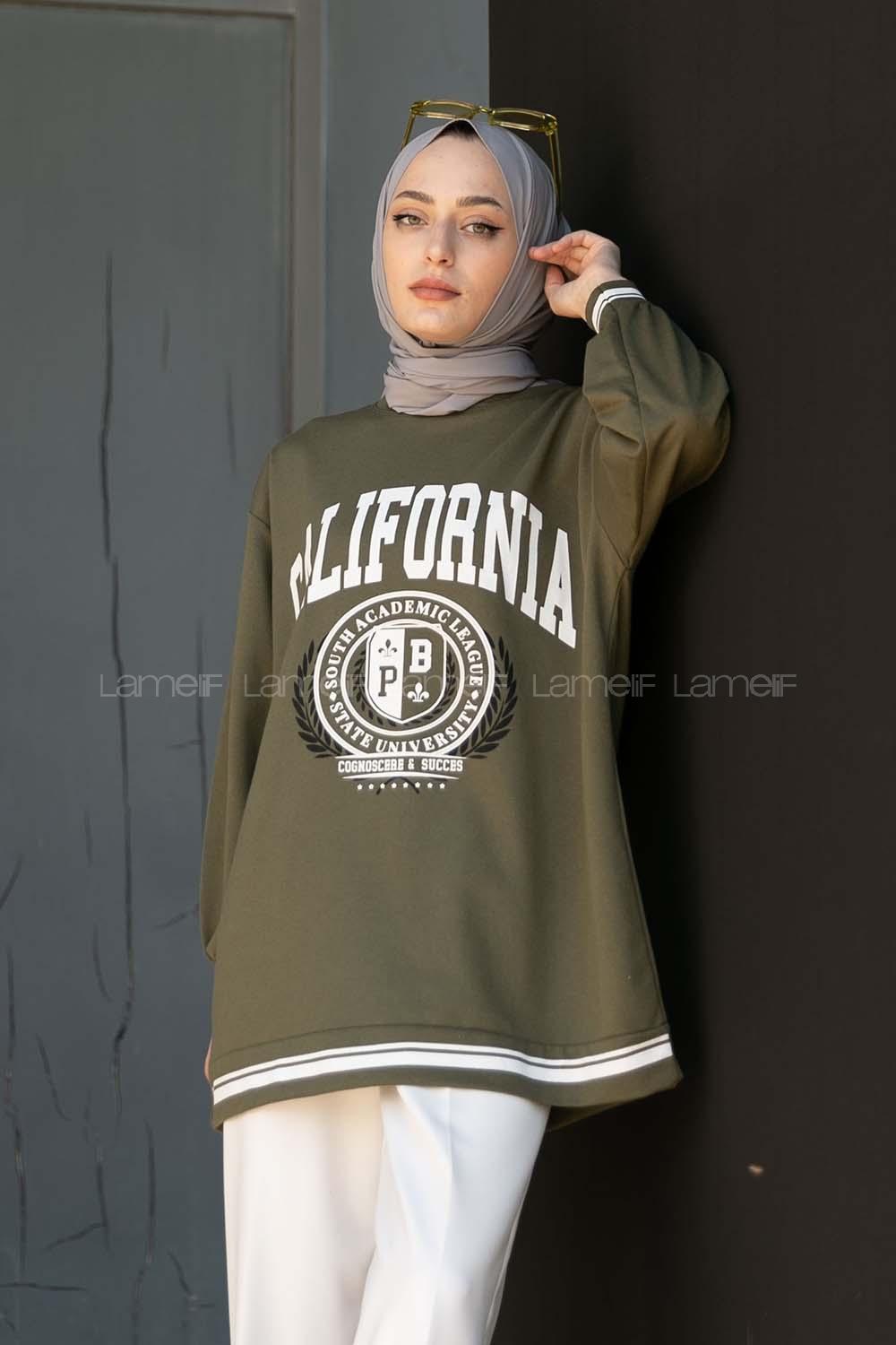 Modalamelif Calıfornia Yazı Baskılı Şerit Desenli Sweat Yeşil