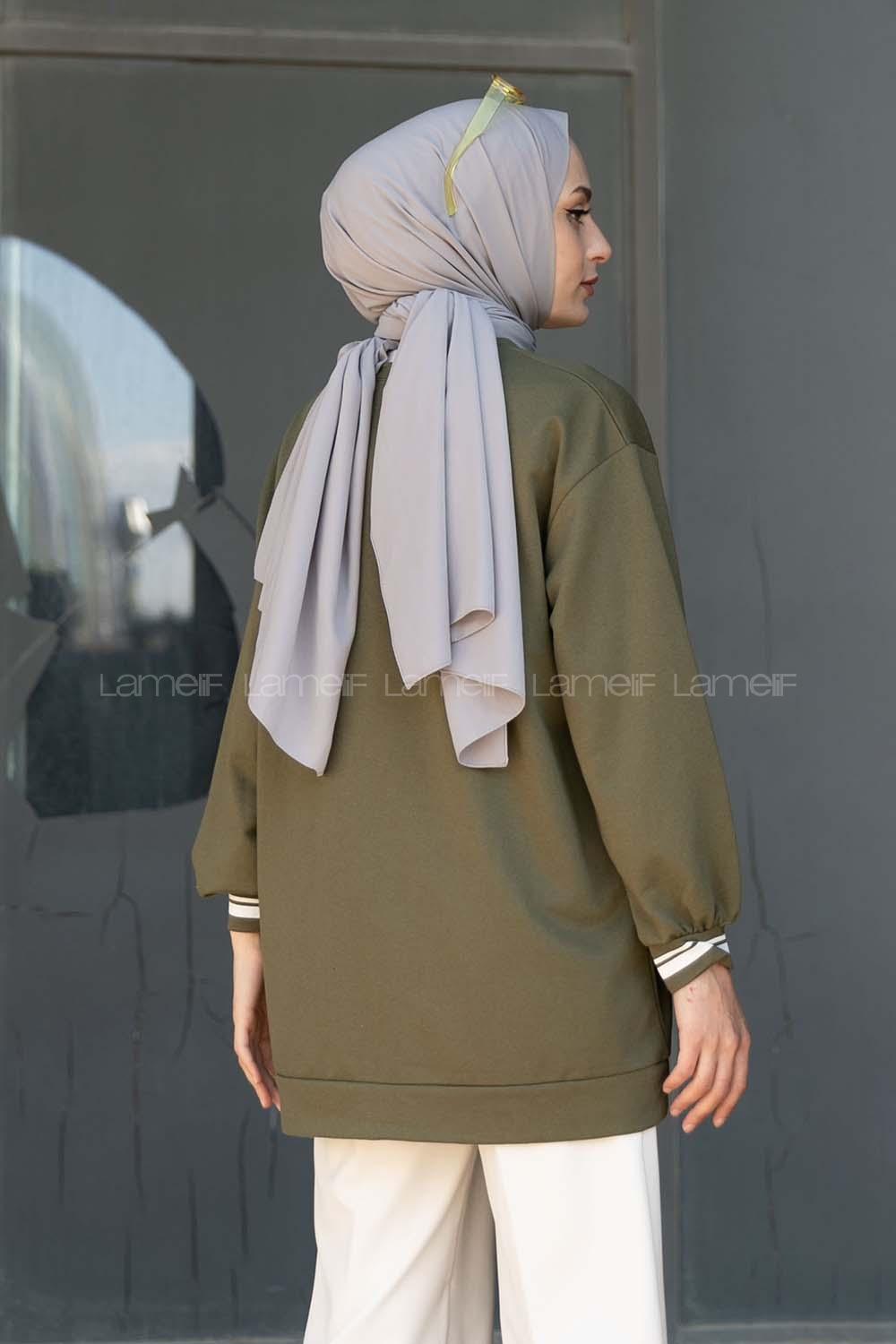 Modalamelif Calıfornia Yazı Baskılı Şerit Desenli Sweat Yeşil