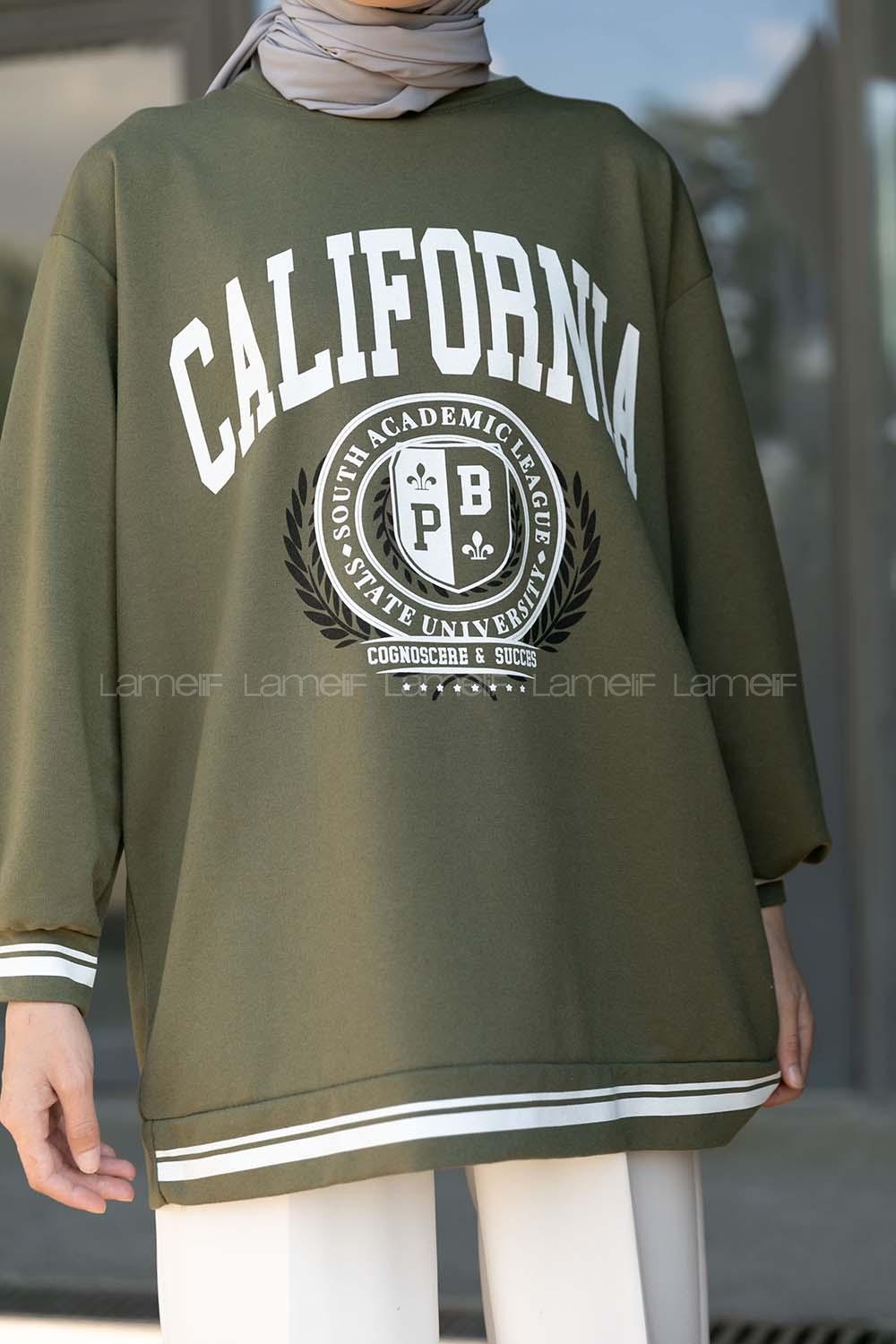 Modalamelif Calıfornia Yazı Baskılı Şerit Desenli Sweat Yeşil