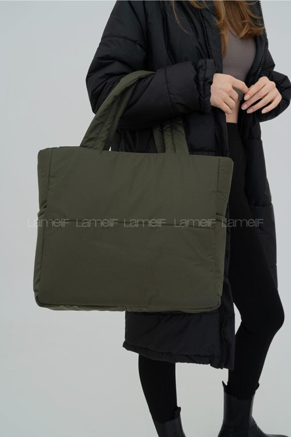 Lamelif Kabartmalı Puf Kumaş Çanta Haki