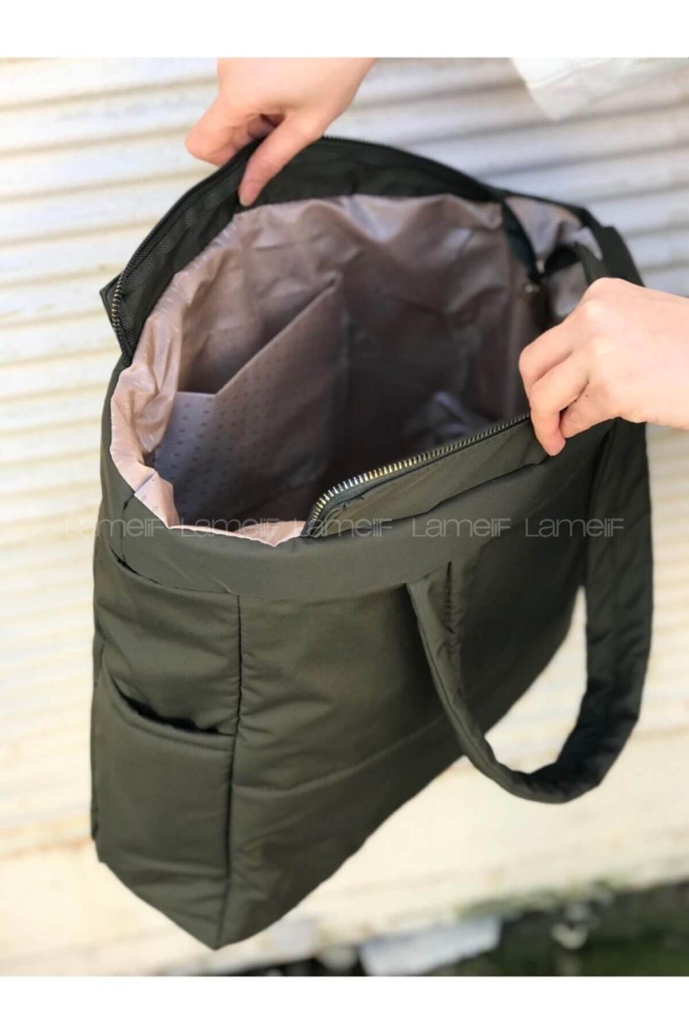 Lamelif Kabartmalı Puf Kumaş Çanta Haki