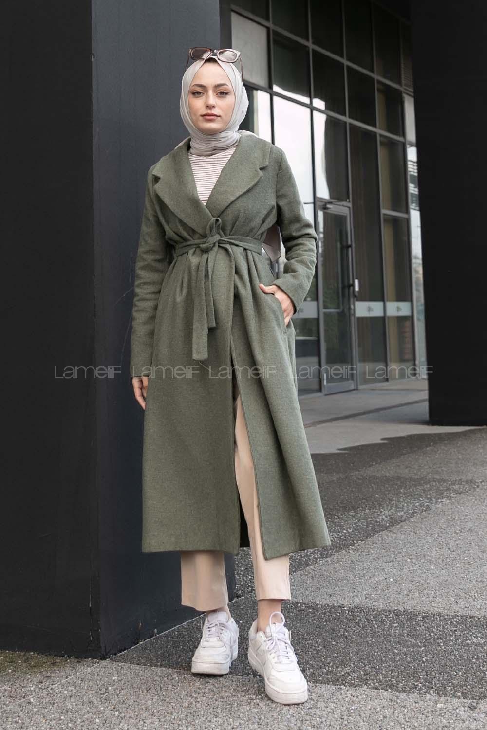 Khaki Shirt Collar Long Arm Stamp Fabric Coat