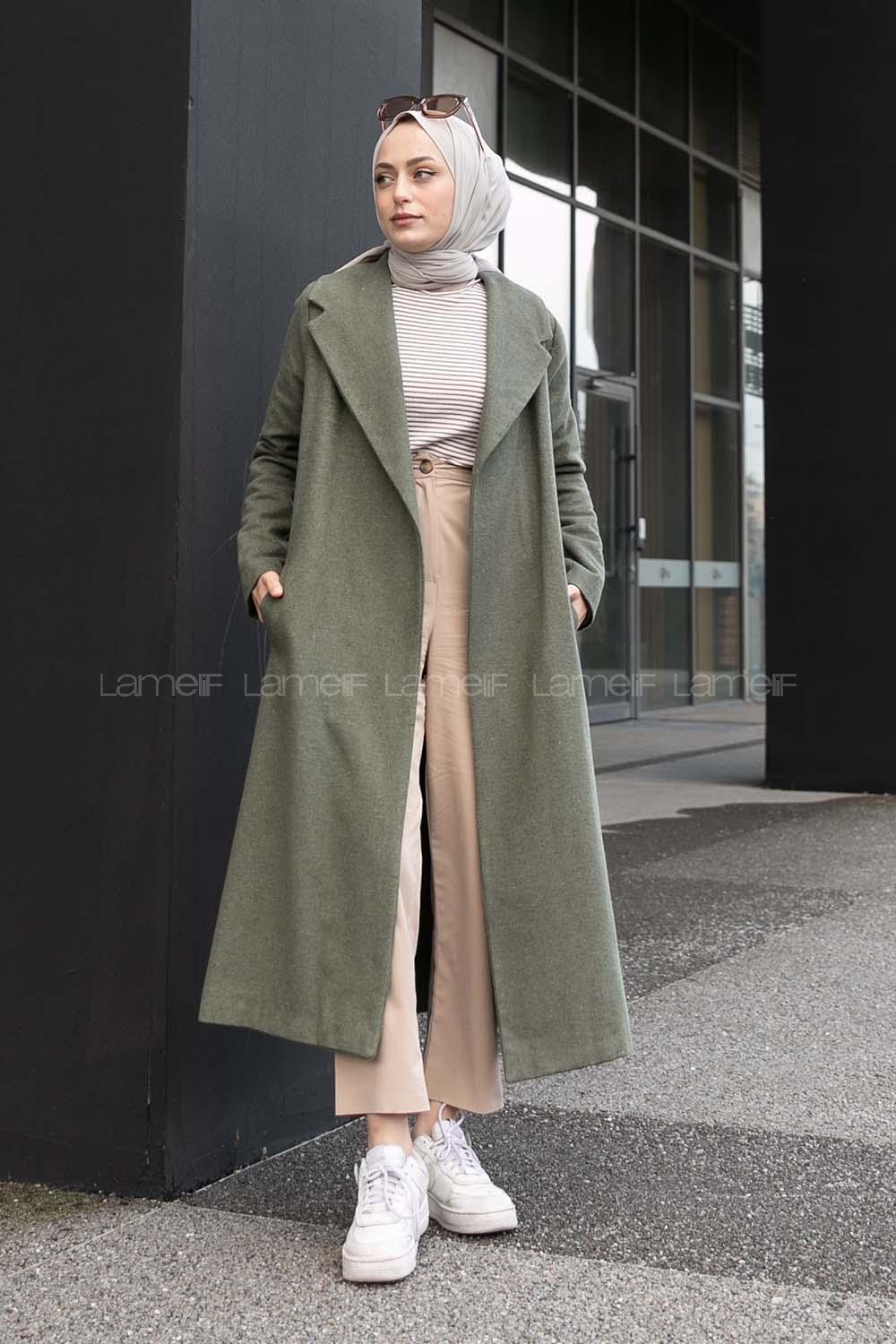 Khaki Shirt Collar Long Arm Stamp Fabric Coat