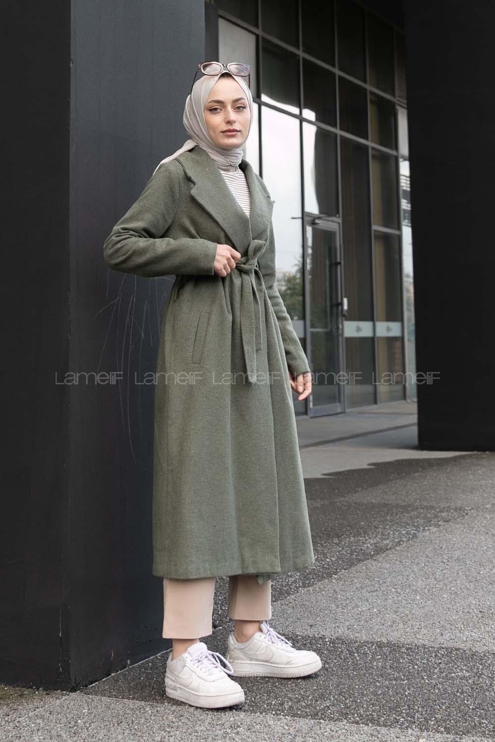 Khaki Shirt Collar Long Arm Stamp Fabric Coat