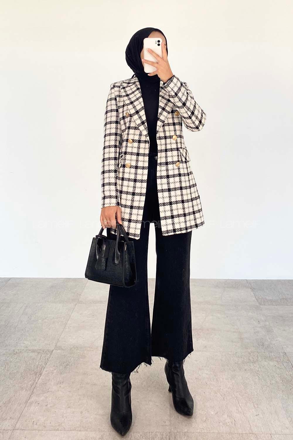 Modalamelif Gold Düğmeli Tüvit Ceket Beyaz - Siyah