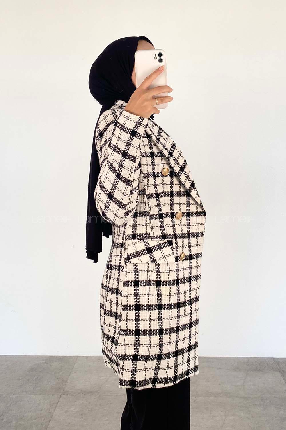 Modalamelif Gold Düğmeli Tüvit Ceket Beyaz - Siyah