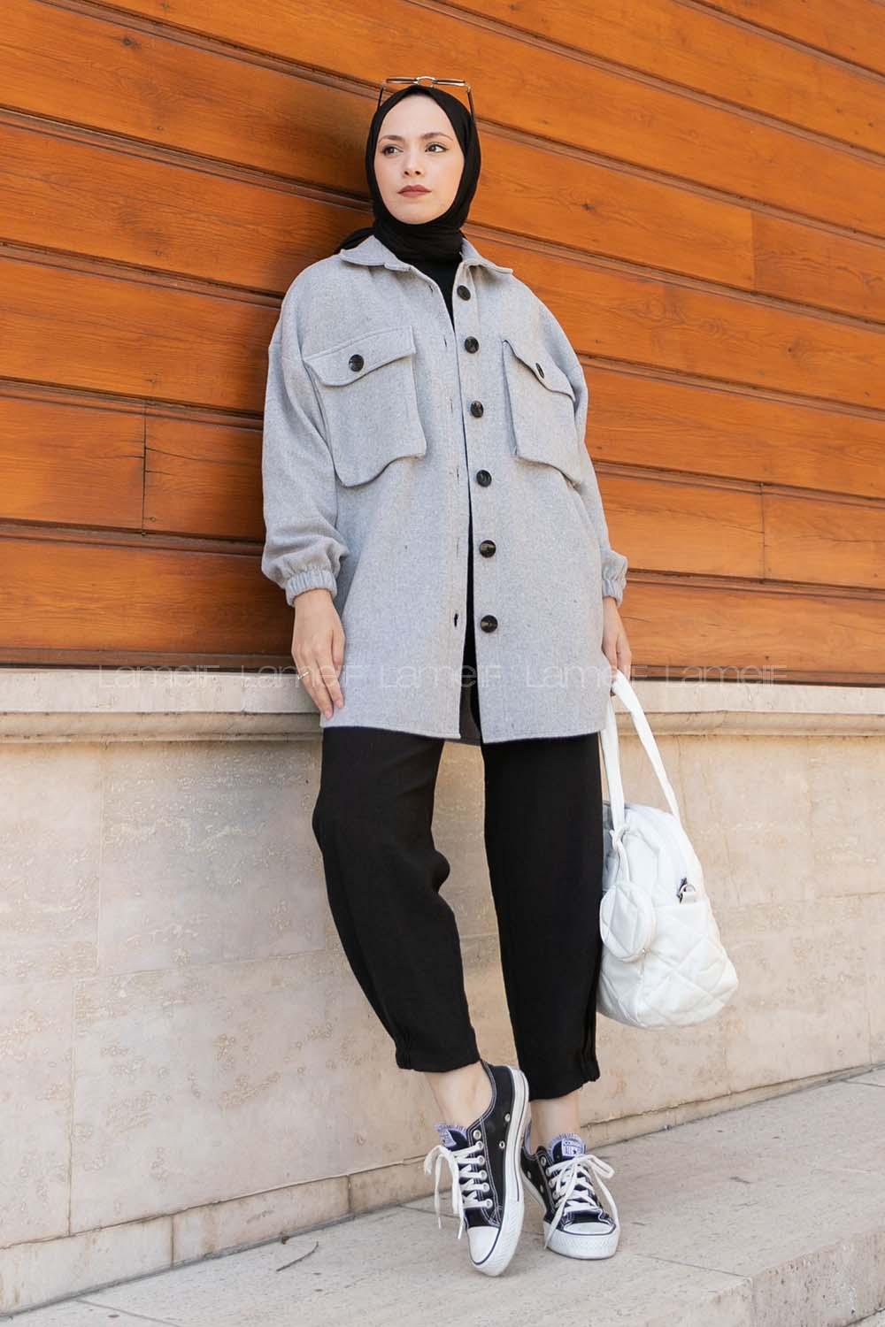 Gray Shirt Collar Long Arm Cotton Jacket