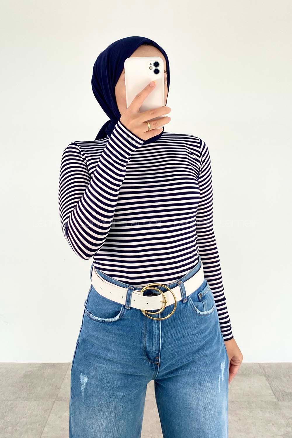Lamelif Yarım Balıkçı Yaka Çizgili Body Lacivert-Beyaz